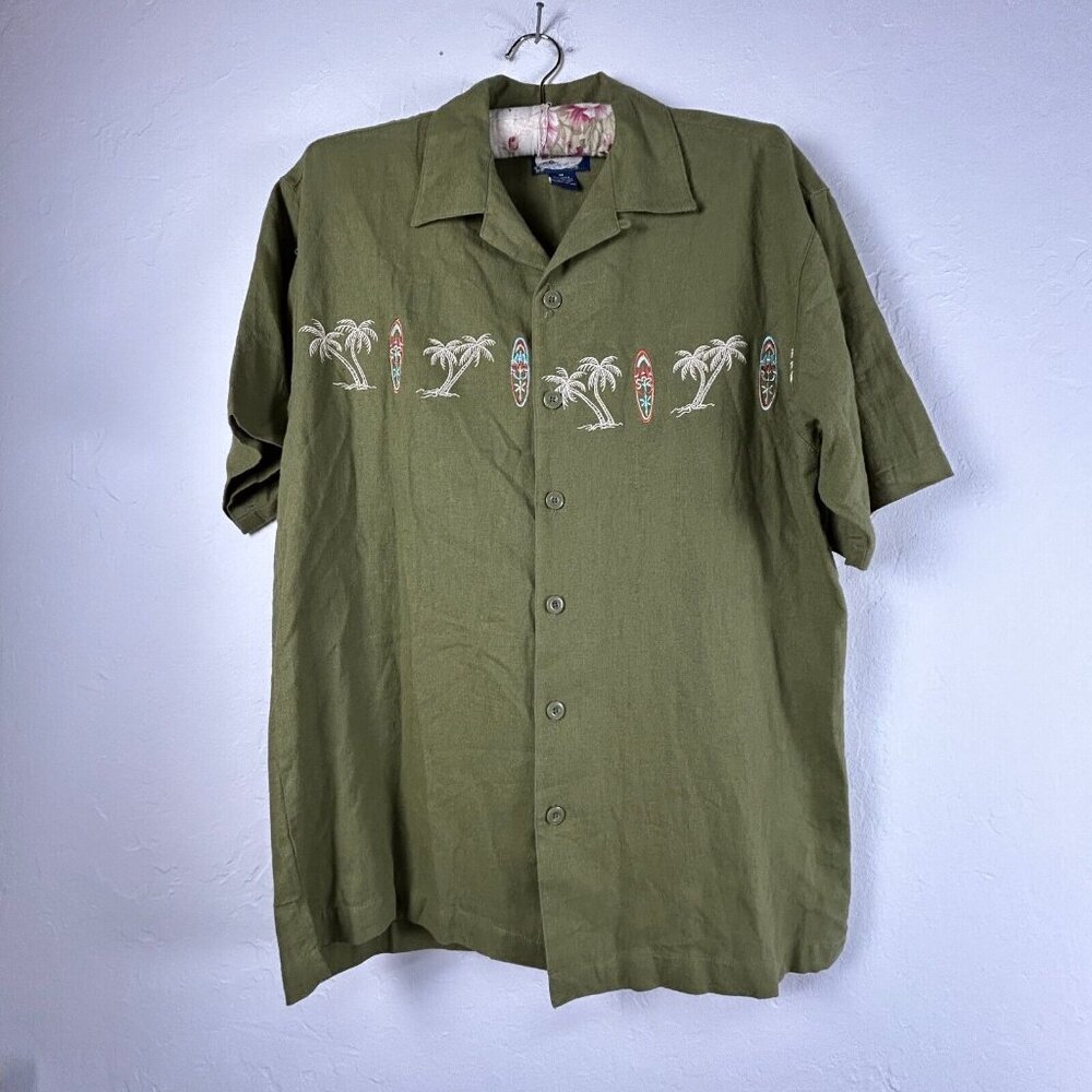 Island Blue Mens Button Down Shirt Medium Green Short Sleeve Linen Blend Casual